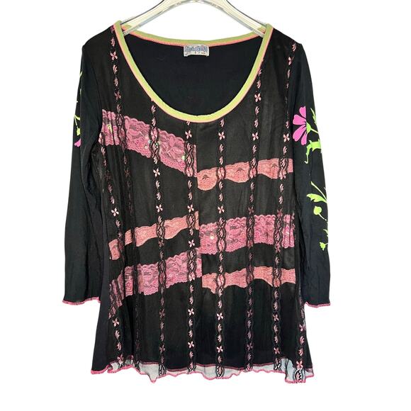 Gypsy Daisy Tops - Gypsy Daisy Black & Pink Floral Lace Mesh Y2K Top Sz Large